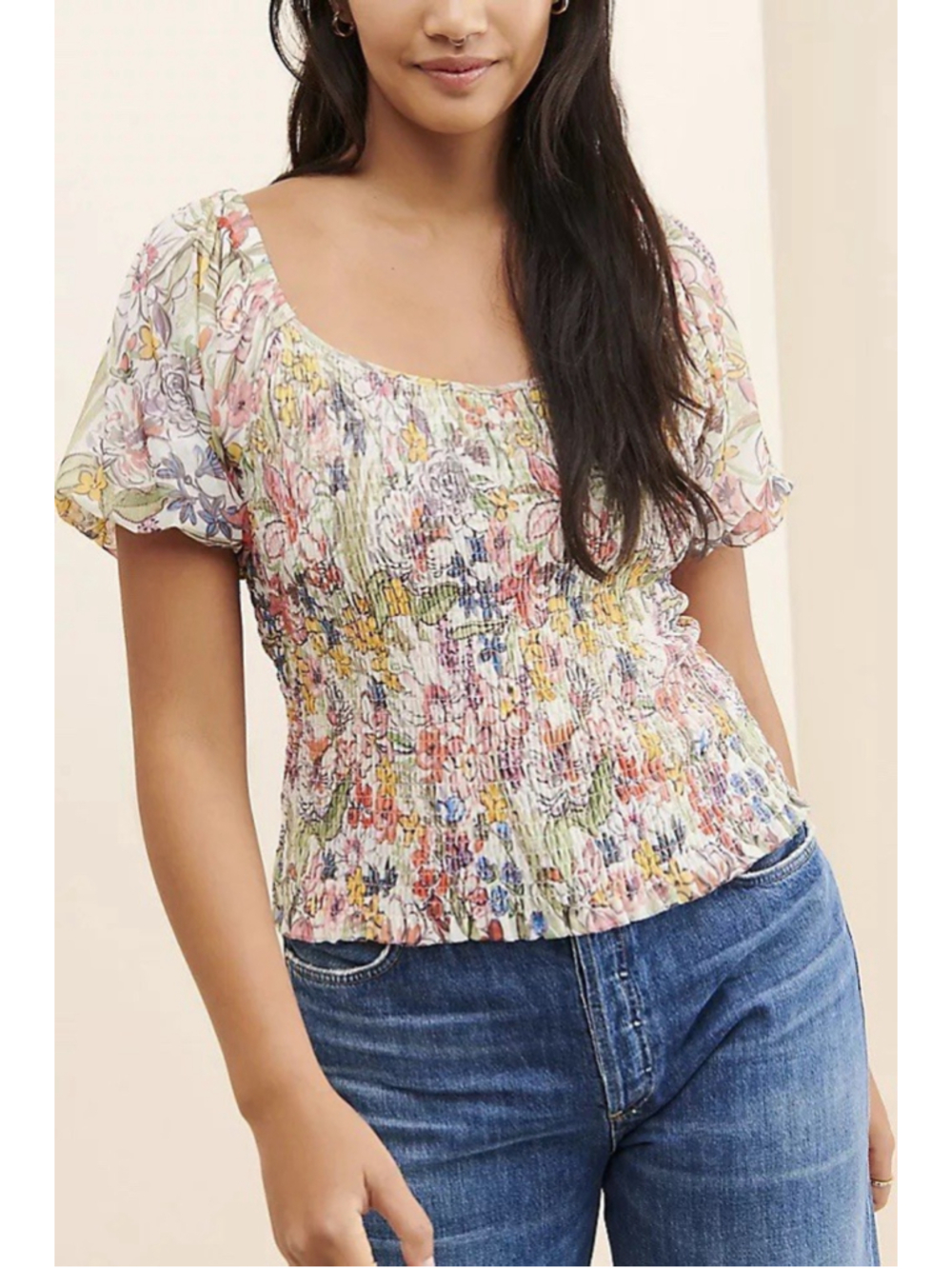 Anthropologie Aurelia Smocked Floral Puff Sleeve Top L Boho Fairycore Cottage